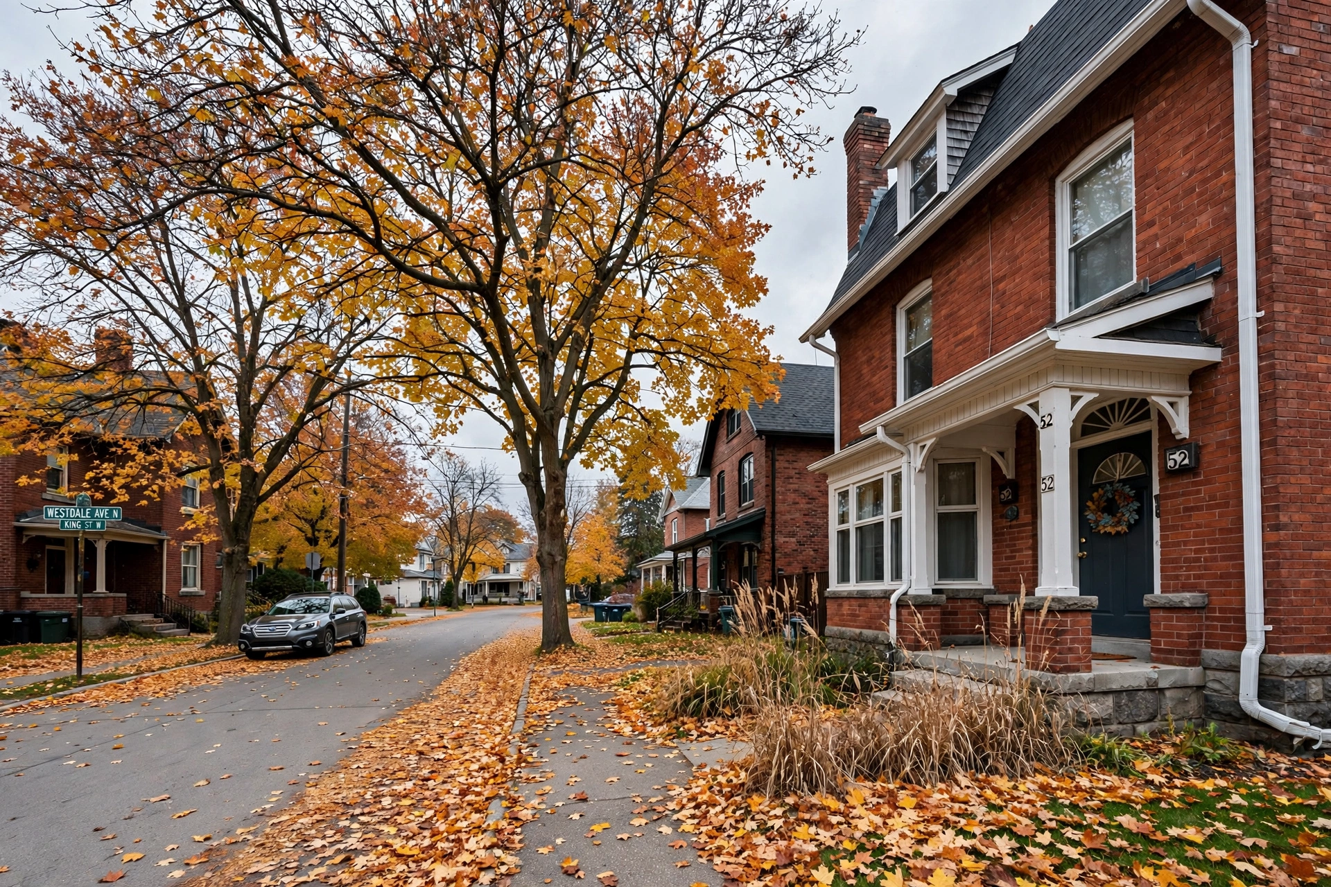 Brick century home in Hamilton with clean gutters in late fall