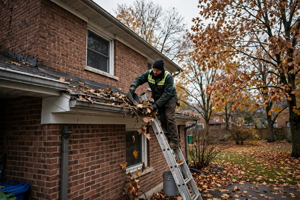 Cleaning leaves and debris from a gutter on a brick Hamilton home before winter