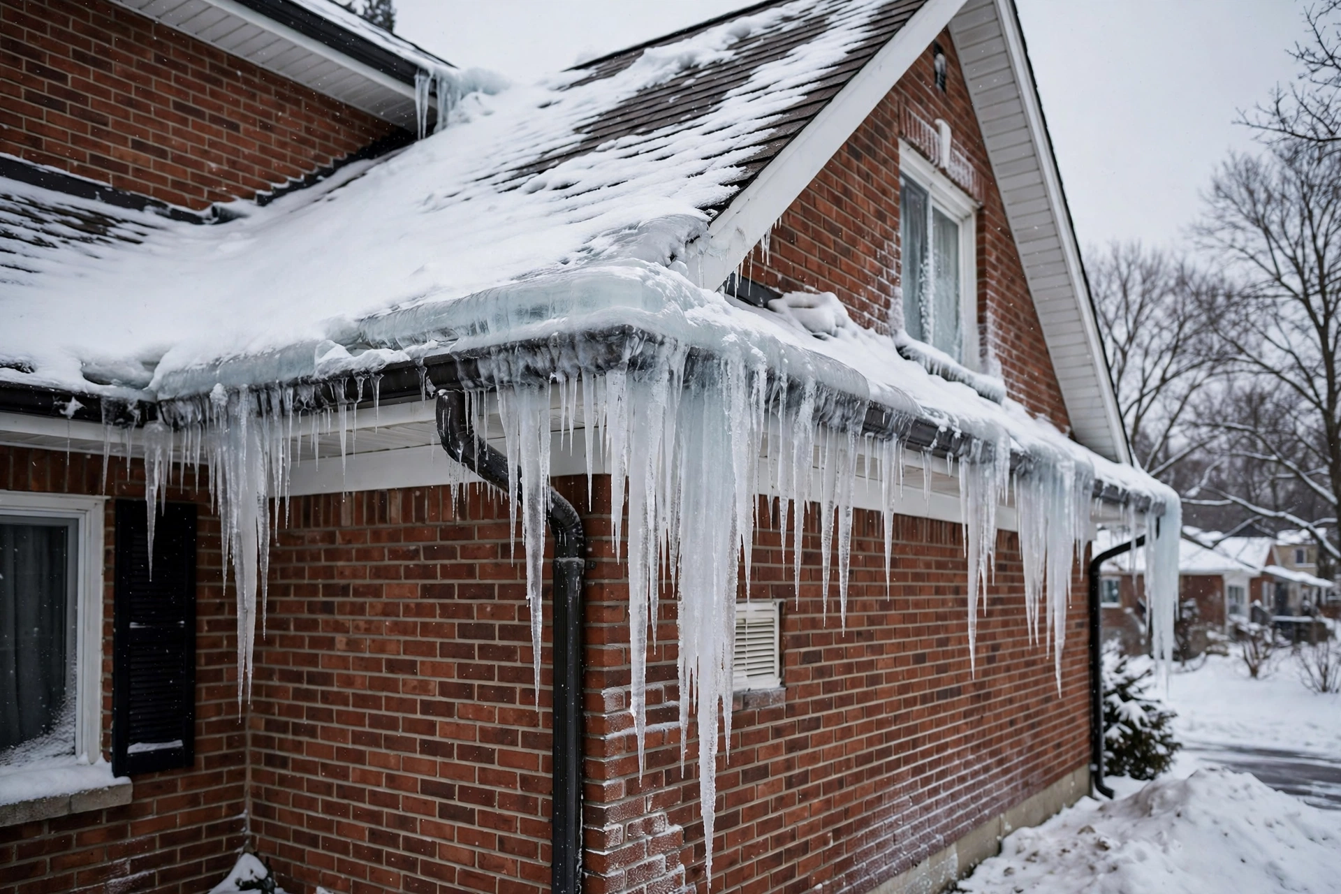 Ice dam forming along the roof edge and gutter of a Hamilton home in winter